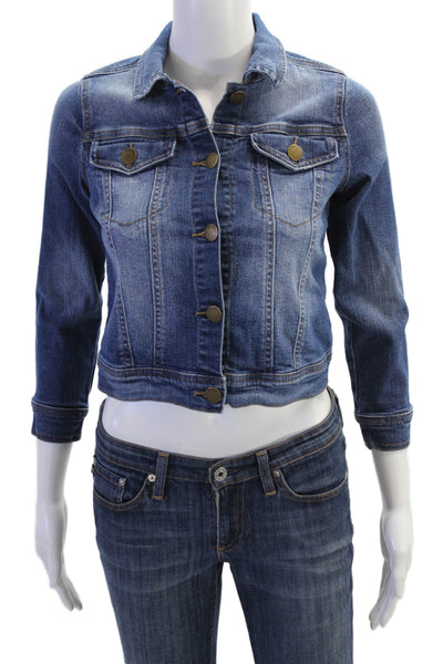 Me N U Womens Denim Button Down Cropped Jacket Blue Cotton Size Extra Small