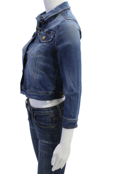 Me N U Womens Denim Button Down Cropped Jacket Blue Cotton Size Extra Small