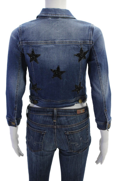 Me N U Womens Denim Button Down Cropped Jacket Blue Cotton Size Extra Small