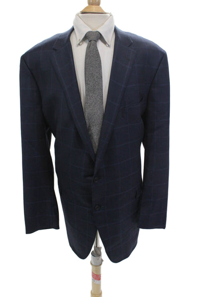 Samuelsohn Mens Plaid Two Button Blazer Jacket Navy Blue Wool Size 50 Extra Long