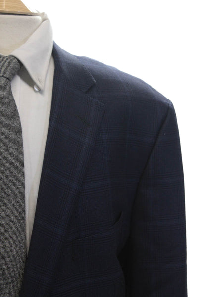 Samuelsohn Mens Plaid Two Button Blazer Jacket Navy Blue Wool Size 50 Extra Long