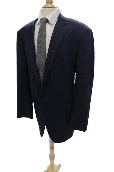 Samuelsohn Mens Plaid Two Button Blazer Jacket Navy Blue Wool Size 50 Extra Long
