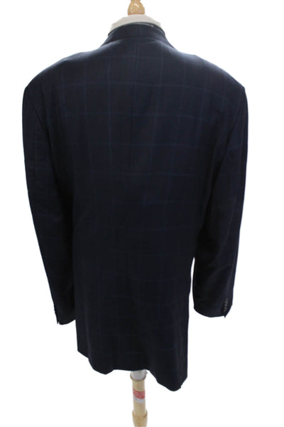 Samuelsohn Mens Plaid Two Button Blazer Jacket Navy Blue Wool Size 50 Extra Long