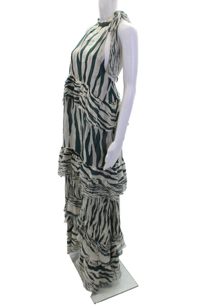 Suno Womens Silk Striped Tiered Sleeveless Halter Neck Mid-Calf Dress Green Size