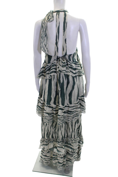 Suno Womens Silk Striped Tiered Sleeveless Halter Neck Mid-Calf Dress Green Size