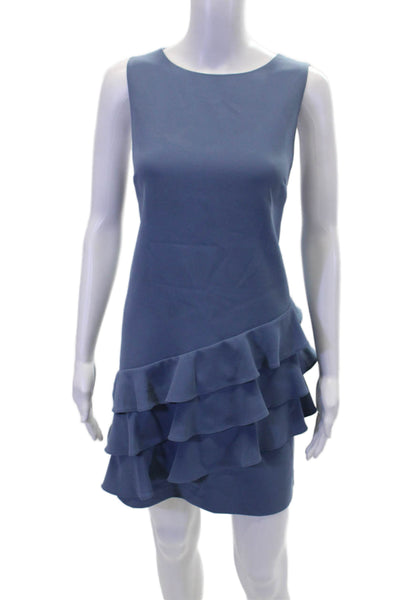 Alice + Olivia Womens Sleeveless Solid Ruffle Trim Shift Dress Blue Size 8
