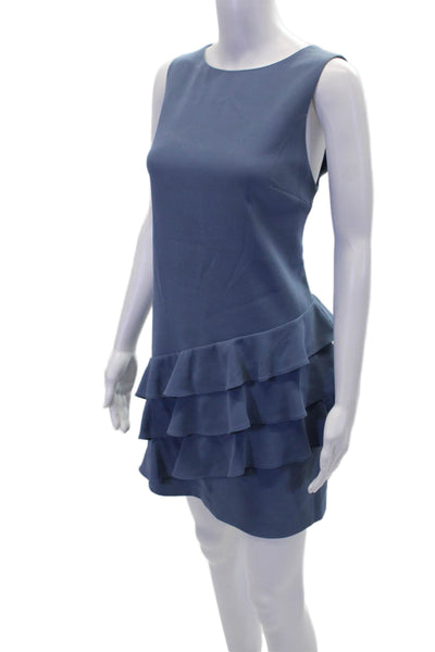 Alice + Olivia Womens Sleeveless Solid Ruffle Trim Shift Dress Blue Size 8