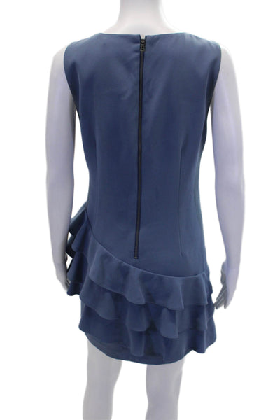Alice + Olivia Womens Sleeveless Solid Ruffle Trim Shift Dress Blue Size 8