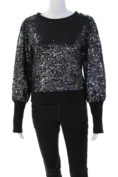Chaser Womens Cotton Sequin Round Neck Pullover sweatshirt Top Black Size S