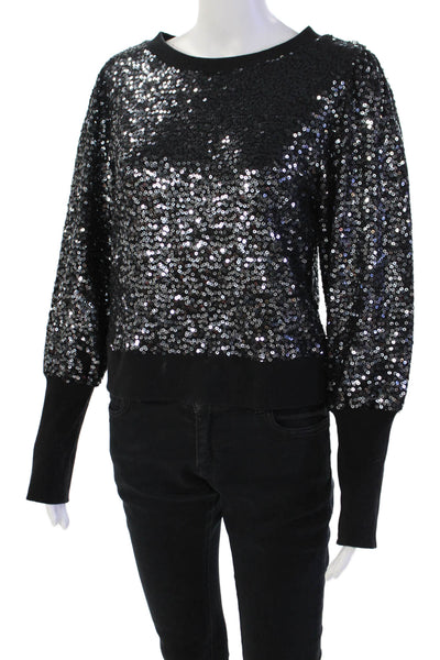 Chaser Womens Cotton Sequin Round Neck Pullover sweatshirt Top Black Size S