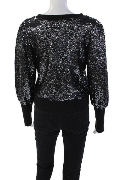 Chaser Womens Cotton Sequin Round Neck Pullover sweatshirt Top Black Size S