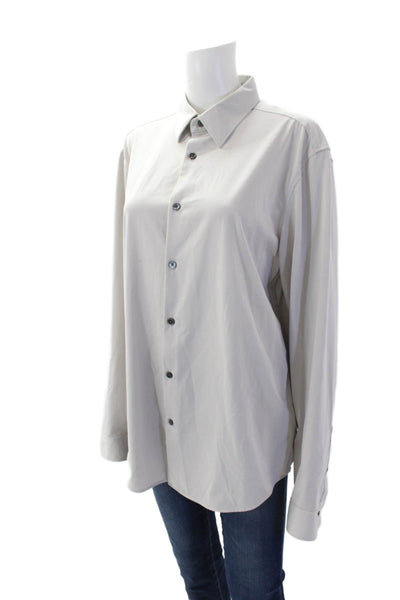 Theory Womens Cotton Blend Collared Long Sleeve Button Up Blouse Top Gray Size L