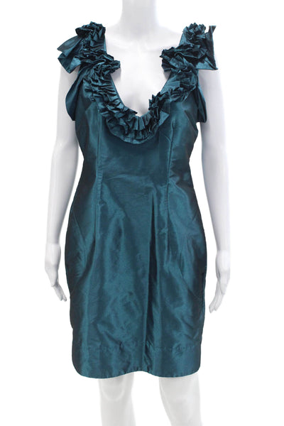 Ali Ro Womens Ruffled Short Sleeves Knee Length Sheath Dress Teal Blue Size 8
