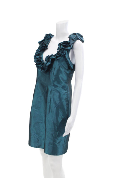 Ali Ro Womens Ruffled Short Sleeves Knee Length Sheath Dress Teal Blue Size 8