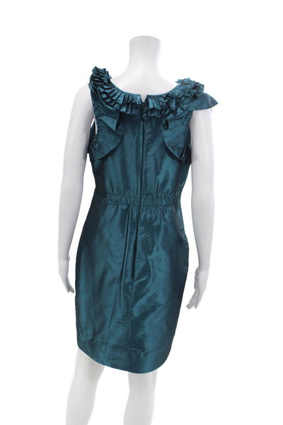 Ali Ro Womens Ruffled Short Sleeves Knee Length Sheath Dress Teal Blue Size 8