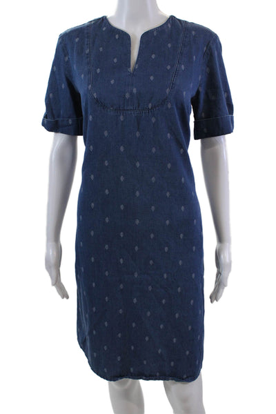 J. Mclaughlin Womens Short Sleeve V Neck Printed Denim Dress Blue Size Small