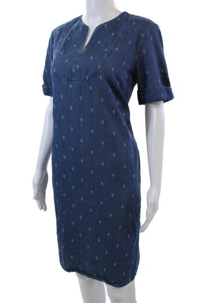 J. Mclaughlin Womens Short Sleeve V Neck Printed Denim Dress Blue Size Small