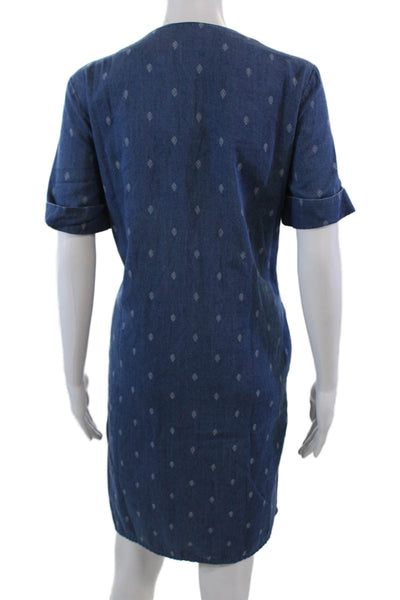 J. Mclaughlin Womens Short Sleeve V Neck Printed Denim Dress Blue Size Small