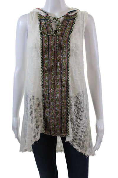 Free People Womens Sleeveless V Neck Open Knit Hooded Top White Size Small