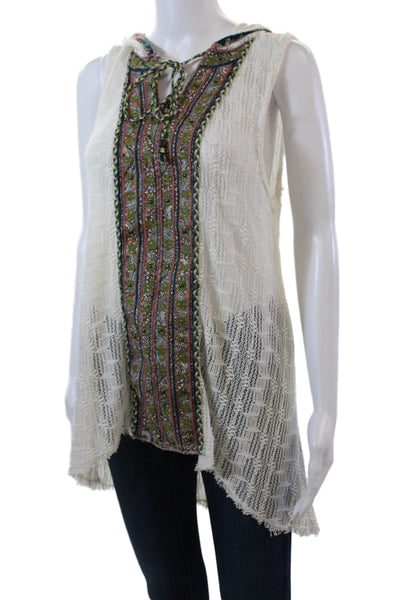Free People Womens Sleeveless V Neck Open Knit Hooded Top White Size Small