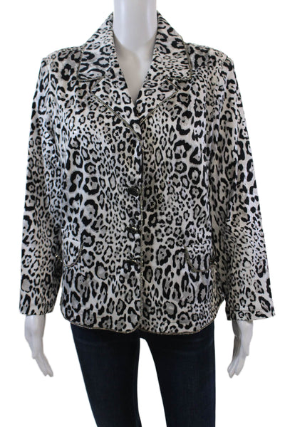 Berek Womens Leopard Printed Crystal Trim Blazer Jacket White Black Size Large