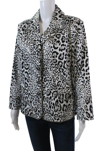 Berek Womens Leopard Printed Crystal Trim Blazer Jacket White Black Size Large