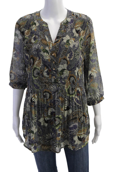 Alberto Makali Womens 3/4 Sleeve V Neck Floral Pleated Top Gray Navy Size Medium