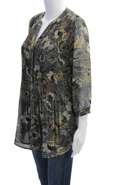 Alberto Makali Womens 3/4 Sleeve V Neck Floral Pleated Top Gray Navy Size Medium