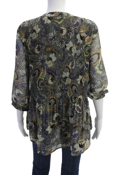 Alberto Makali Womens 3/4 Sleeve V Neck Floral Pleated Top Gray Navy Size Medium