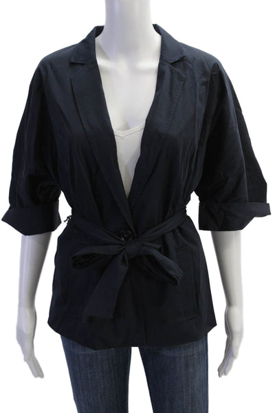 Iris Setlakwe Womens Single Button Short Sleeve Belted Jacket Navy Size 10