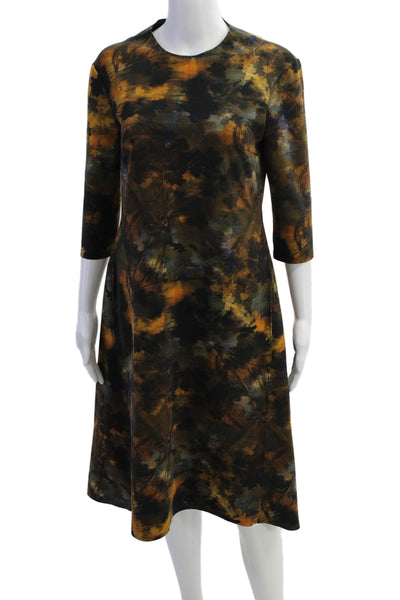 M2057 Womens 3/4 Sleeve Crew Neck Autumn Leaves Sheath Dress Brown Size Medium
