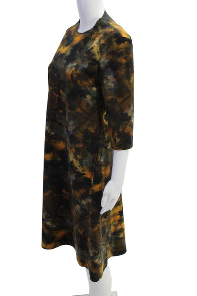 M2057 Womens 3/4 Sleeve Crew Neck Autumn Leaves Sheath Dress Brown Size Medium