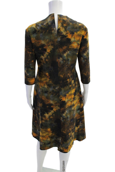 M2057 Womens 3/4 Sleeve Crew Neck Autumn Leaves Sheath Dress Brown Size Medium