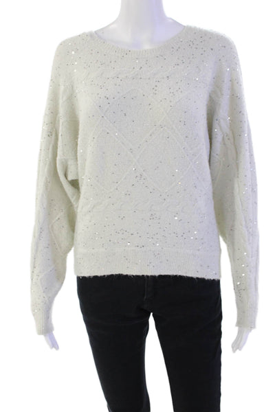 Design History Womens Knit Sequin Round Neck Pullover Sweater Top White Size S