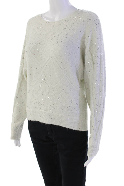 Design History Womens Knit Sequin Round Neck Pullover Sweater Top White Size S