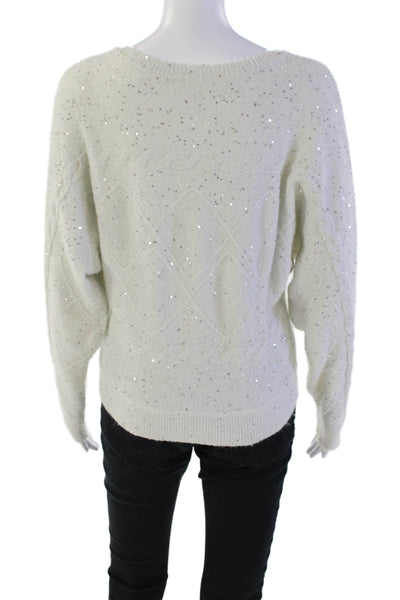 Design History Womens Knit Sequin Round Neck Pullover Sweater Top White Size S