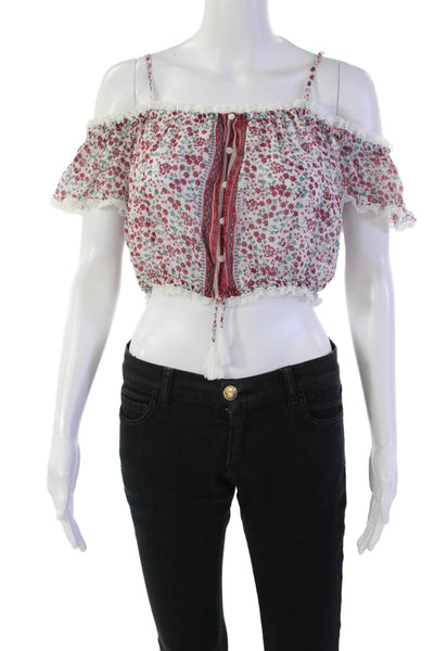 Poupette St. Barth Womens Cotton Floral Lace Trim Crop Top White Size S