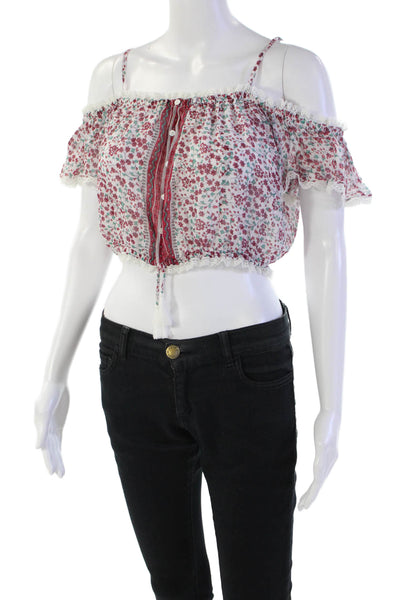 Poupette St. Barth Womens Cotton Floral Lace Trim Crop Top White Size S