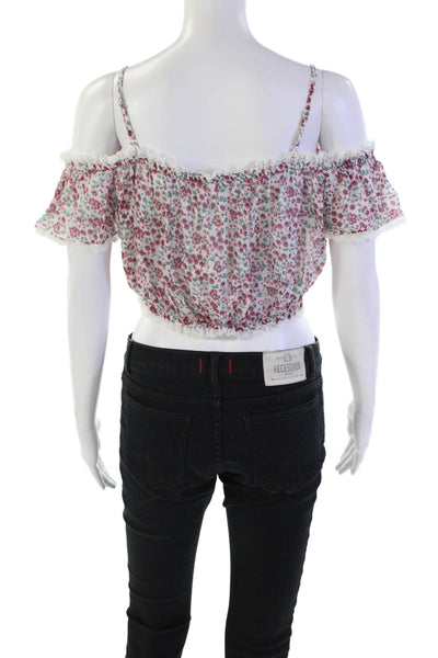 Poupette St. Barth Womens Cotton Floral Lace Trim Crop Top White Size S