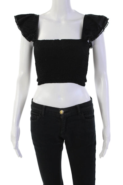 PQ Womens Cotton Smocked Ruffled Trim Detail Crop Top Solid Black Size XS