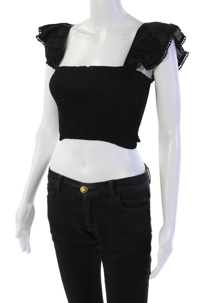 PQ Womens Cotton Smocked Ruffled Trim Detail Crop Top Solid Black Size XS