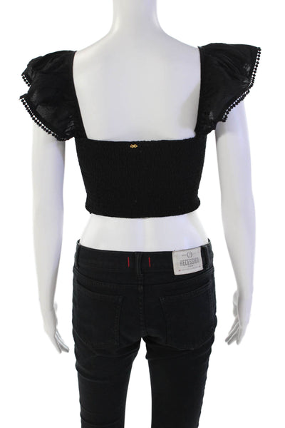 PQ Womens Cotton Smocked Ruffled Trim Detail Crop Top Solid Black Size XS