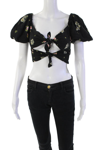 Agua Bendita Womens Floral Print Puff Sleeve Tie Back Crop Top Black Size S