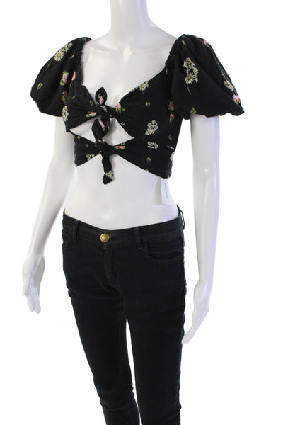 Agua Bendita Womens Floral Print Puff Sleeve Tie Back Crop Top Black Size S