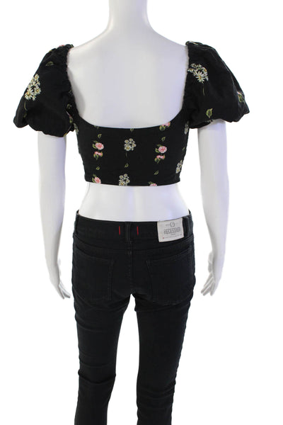 Agua Bendita Womens Floral Print Puff Sleeve Tie Back Crop Top Black Size S