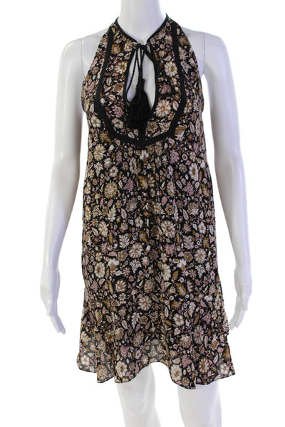 ALC Womens Silk V-Neck Tassel Tie Detail Floral Print Dress Black Size 4
