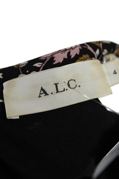 ALC Womens Silk V-Neck Tassel Tie Detail Floral Print Dress Black Size 4