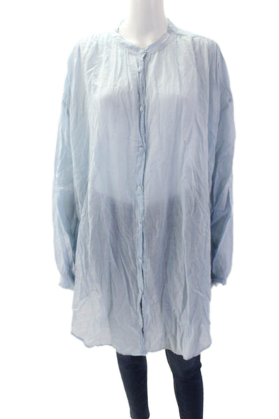 Skin Women's Round Neck Long Sleeves Button Down Tunic Shirt Blue Size 3
