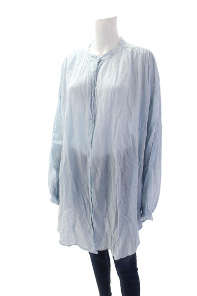Skin Women's Round Neck Long Sleeves Button Down Tunic Shirt Blue Size 3