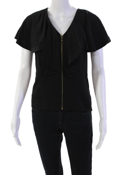 Tory Burch Womens Silk V-neck Short Sleeve Front Zip Tank Top Black Size 0